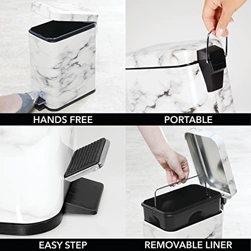 mDesign Small Modern 1.3 Gallon Rectangle Metal Lidded Step Trash Can, Compact Garbage Bin with Removable Liner Bucket and Handle for Bathroom, Kitchen, Craft Room, Office, Garage - White Marble - color: White Marble, size: 1.3 Gallon