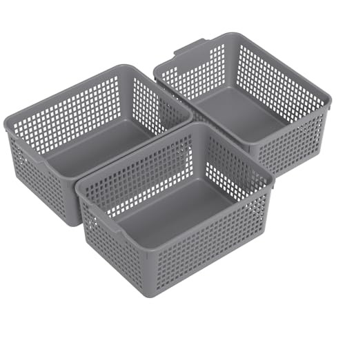 Readsky 3 Packs Plastic Storage Basket Desktop Organizer, Large Storage Baskets, Gray