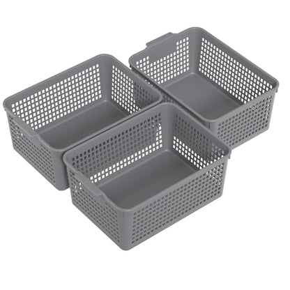 Readsky 3 Packs Plastic Storage Basket Desktop Organizer, Large Storage Baskets, Gray