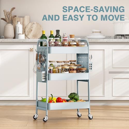 KINGRACK 3 Tier Rolling Cart with DIY Hanging Board, Metal Rolling Utility Cart with Wheels Handles Baskets Hooks, Rolling Storage Cart Suitable for Bathroom, Kitchen, Office, Nursery Diaper (Green) - color: Light Green
