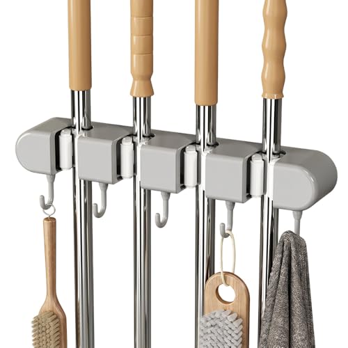 Wall Mounted Mop and Broom Holder, 4 Racks with 5 Hooks, Vacuum Suction Cup Design, Rust-Proof ABS Organizer for Kitchen Bathroom Garage Laundry Room (Grey)
