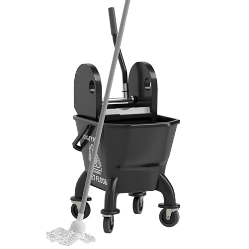 HOMCOM Mop Bucket with Wringer on Wheels for Floor Cleaning, 27.5 Quart Down Press Wringer with Handle and Mop, Black - color: Black, size: 27.5 Quart