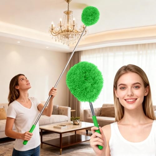 Extendable Microfiber Duster, Telescoping Dusting Brush for Home and Car Cleaning, Adjustable Length, Soft and Flexible - color: Round Green