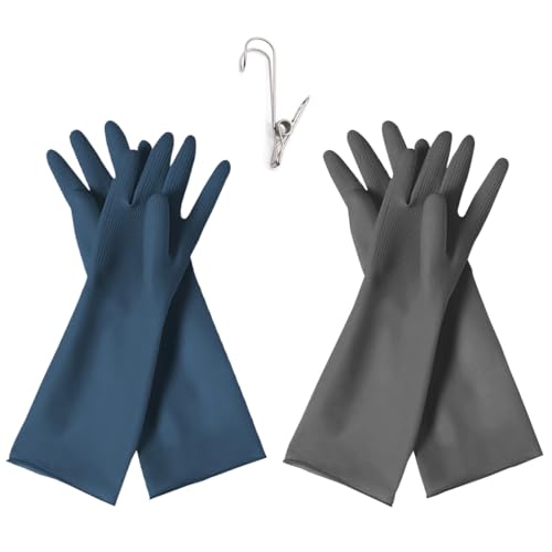 HOMSSEM Dishwashing Gloves - 2 Pairs Premium Rubber Gloves for Cleaning - Urban Gray, Green, Blue - color: Blue + Gray - Large