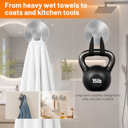 Upgraded Suction Cup Hooks for Shower, No-Drill Bathroom Hooks for Hanging Towels, Robes & Loofah - Mount on Kitchen Walls, Window, Glass, Mirror, Tile & Smooth Surfaces (2 Pack, Silver Tone) - color: Silver