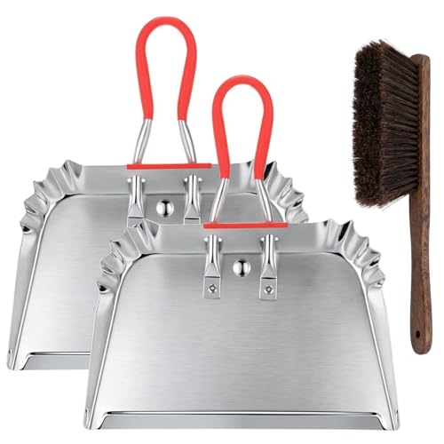 Pasimy 2 Pack 17" Metal Dust Pan and Brush Set, Large Heavy Duty Handheld Industrial Dustpan with Handle Debris Sweeping Tool Metal Edge Flat Against Floor for Outdoor Patio Yard Garage(Sliver) - color: Sliver