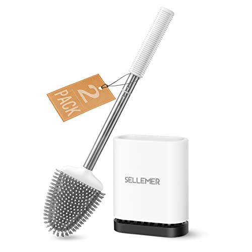 Sellemer Toilet Brush and Holder Set for Bathroom, Flexible Toilet Bowl Brush Head with Silicone Bristles, Compact Size for Storage and Organization, Ventilation Slots Base (2 Pack, White) - color: White-2pcs