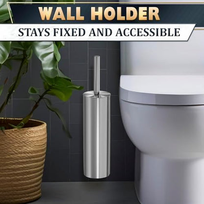 Silver Modern Toilet Brush and Holder Set with Wall Mount - Stainless Steel Toilet Brush with Holder - Removable Inner Bowl, Shiny Design, Splash Protection & Dense Bristles for Bathroom Cleaning - color: Silver Wall-mounted