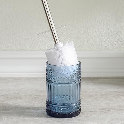 Decorative Glass Toilet Brush and Holder Set, 14.8 inch Height, Blue