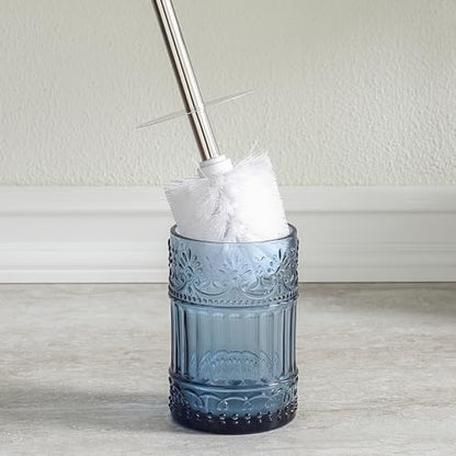Decorative Glass Toilet Brush and Holder Set, 14.8 inch Height, Blue