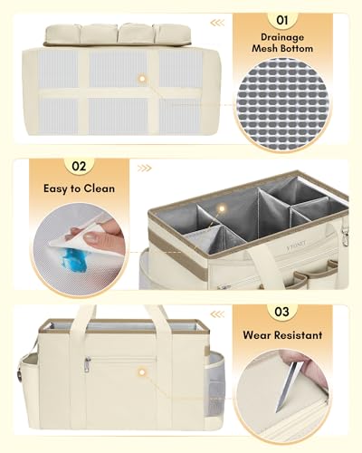 Ytonet Extra Large Cleaning Caddy Bag with Detachable Apron, Cleaning Supplies Organizer with Foldable Dividers, Portable Cleaner Tote with Handle, Cleaner Caddy for Kitchen, Detailing Bag, Apricot - color: Apricot