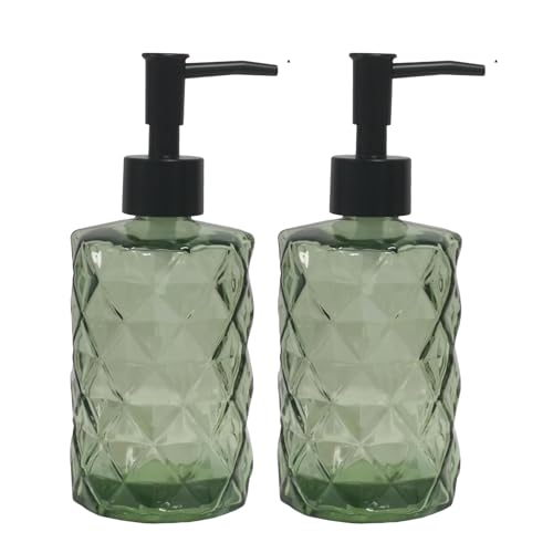 12Oz Small Glass Soap Dispenser with Black Plastic Pump, Green Refillable Kitchen Countertop Liquid Hand Soap Dispensers with Diamond Design, Crystal Bathroom Lotion Bottle for Dish Soap, 2 Set - color: 2 Pack Diamond Green
