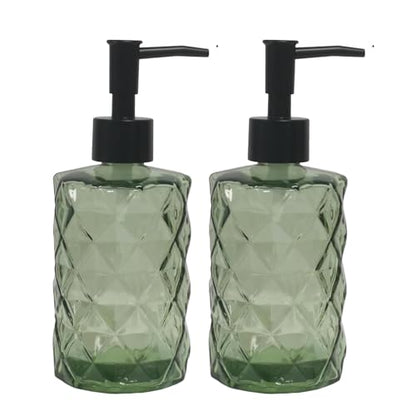 12Oz Small Glass Soap Dispenser with Black Plastic Pump, Green Refillable Kitchen Countertop Liquid Hand Soap Dispensers with Diamond Design, Crystal Bathroom Lotion Bottle for Dish Soap, 2 Set - color: 2 Pack Diamond Green