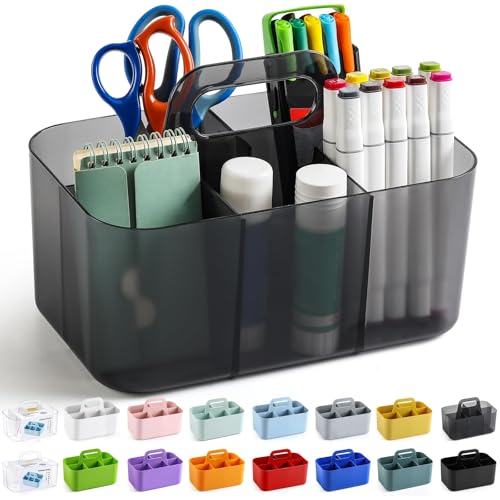 Multiuse Caddy Organizer with Handle, Portable Plastic Tote Bin - Art Craft, Stationary Pen Marker Crayons, Makeup Hair Supplies Storage - Bathroom, Classroom, Dorm, Office, Desk Holder - Clear Black - color: Clear Black