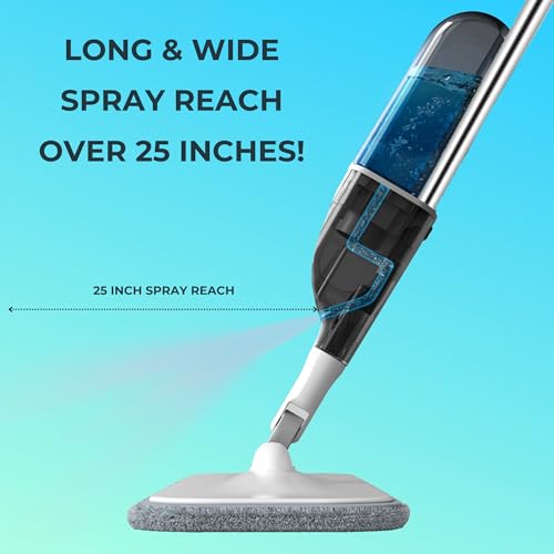 True & Tidy® SPRAY-250 Multi-Surface Spray Mop with Refillable Water Bottle for Floor Cleaning, Works on Wood, Tile, Marble etc, Use Any Cleaning Solution, Machine Washable Microfiber Mop Pads, White