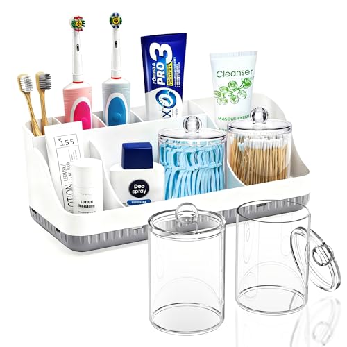 Bathroom Counter Organizer and Storage with 2 Pack Qtip Holder Dispenser, 7 Slots Detachable Toothbrush Holders for Bathrooms, Anti-Slip Electric Toothbrush and Toothpaste Holder Countertop - color: Whitegrey Sets