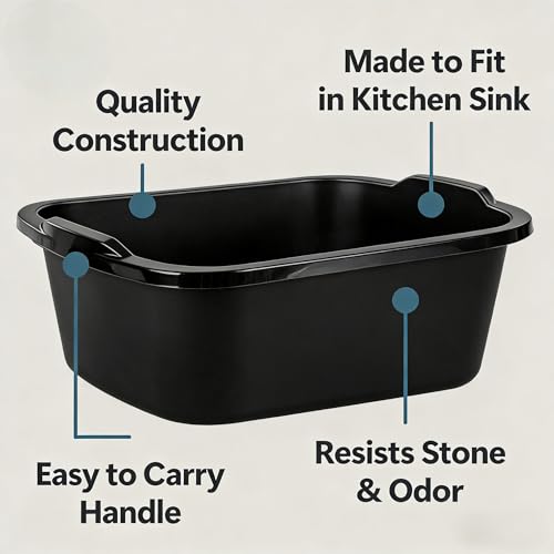 18 Quart Plastic tub Durable Heavy Duty Reinforced Plastic Kitchen Dishpan Basin with Molded Handles for Household Chores and Storage, Black, 1Pack