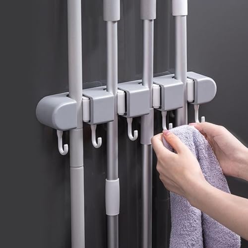 Broom & Mop Holder Wall Mount - 4 Racks & 5 Hooks Storage Organizer for Home, Kitchen, Garage, Garden, Laundry & Bathroom, Space-Saving Utility Rack
