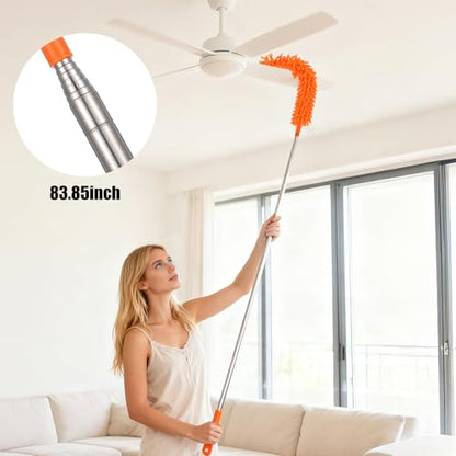 Cobweb Duster with Extension Pole, 4-in-1 Washable Cleaning Duster Kit, 15-100 Inch Long Telescoping Pole, Bendable Design for High Ceiling Fans Furniture, Microfiber Webster Remover Tools