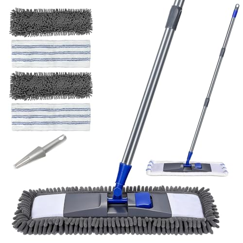 MASTERTOP Microfiber Mop for Floor Cleaning, Flat Dust Mop for Home and Kitchen, Adjustable Stainless Steel Handle with 4 Washable Pads&1 Cleaning Scrape for Hardwood, Vinyl - color: Gray, size: 18"*4.8"