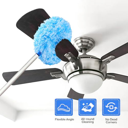 Ceiling Fan Cleaner Duster Reusable Microfiber Ceiling Fan Blade Cleaner Removable Duster with Extension Pole Adjusts 13 to 49.7 Inch for Cleaning Walls Furniture Door Window Top (Blue White) - color: Blue White