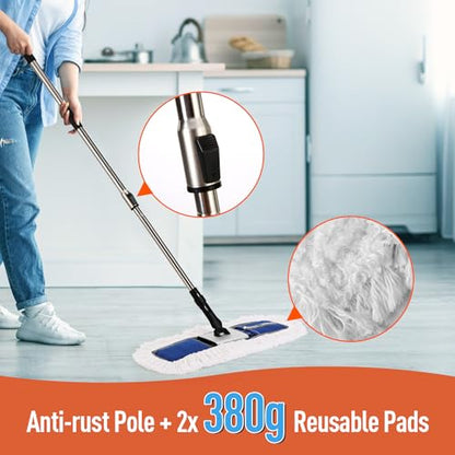 CLEANHOME 24" Heavy-Duty Commercial Dust Mop for Hardwood Floors | Large Areas - with 2 Microfiber Pads, Reinforced Telescoping Handle for Stable Cleaning in Homes, Garages & Commercial Spaces