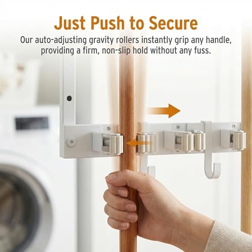 Upgraded Broom Holder Wall Mount with Shelf, Mop and Broom Organizer Wall Hanging, Cleaning Supplies Organizer (small)