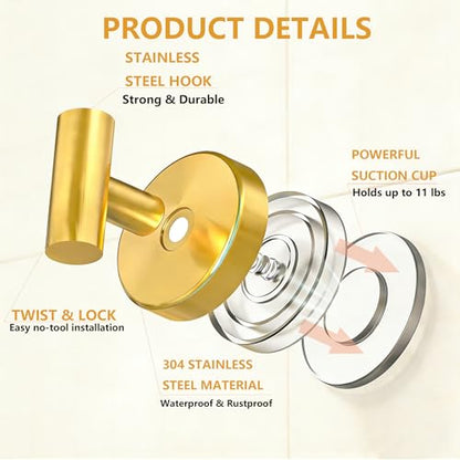 4 Pack Suction Cup Hooks Strong Towel Shower Storage Gold Wall Twist Tight Suction Hooks for Wash Wreath Hanger Loofah - color: Gold