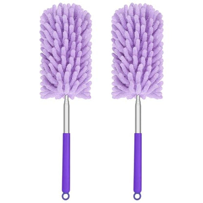 Mini Duster for Cleaning, 360° Bendable Hand Dusters with Extension Pole, Washable Small Duster for Car Interior, Office, Furniture - color: 2 Pack Purple