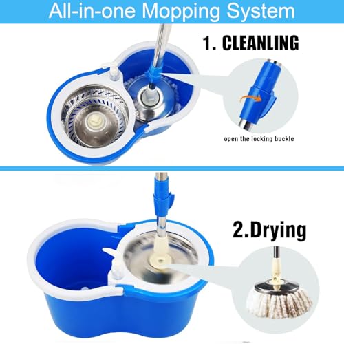 Spin Mop and Bucket with Wringer Set, 360° Spinning Mop Bucket System with 3 Microfiber Mop Replacement Heads Refills,56" Stainless Steel Extended Handle for Floor Cleaning Home(20QT) (Green) (Blue) - color: Blue
