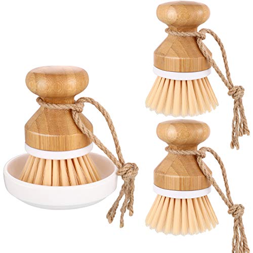 Boao 3 Pieces Bamboo Dish Scrub Brush and 1 Holder Natural Wooden Kitchen Cleaning Scrubbers Durable Bamboo Palm Household Pot Scrubber Brush for Dishes Pots Pans Kitchen Sink Cleaning