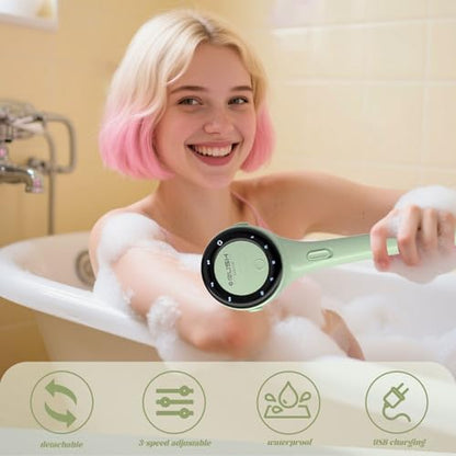 Electric Body Brush, 3 Speed Silicone Body Scrubber with LCD Display, 5in1 Back Scrubber for Shower, Waterproof Rotating Body Brushes, Rechargeable Bath Brush for Clean Exfoliate Massage (Green) - color: Green