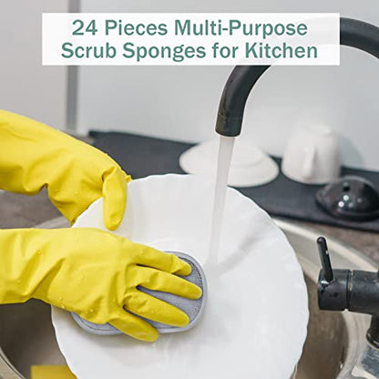 24 Pack Multi Purpose Scrub Sponges Non Scratch Microfiber Sponge Cleaning Dish Scrubber Reusable Dish Sponges for Washing Dishes Along with Heavy Duty Scouring Power (Gray) - color: Gray
