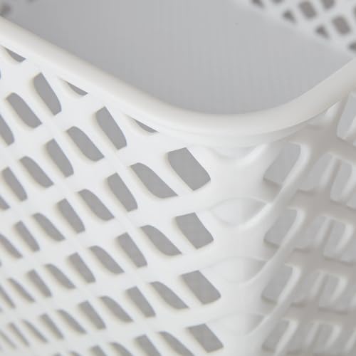 Large White Decorative Plastic Storage Basket - 14.7"x12"x8.5", Mesh Design with Cut-Out Handles, Durable for Pantry/Garage/Shed/Workroom Organization