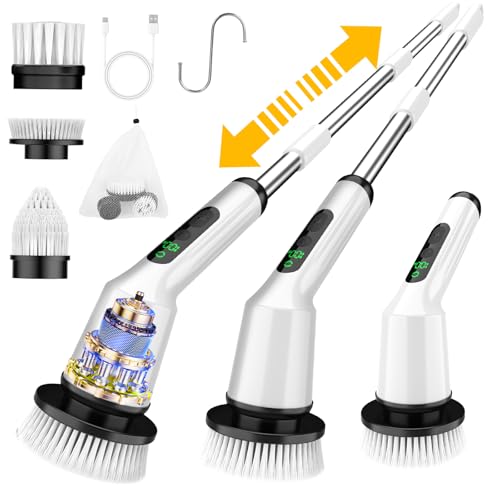 Shower Scrubber with Long Handle, Electric Spin Scrubber for Cleaning Bathroom, Cordless Cleaning Brush with IPX7 Waterproof & 2 Speed, Cleaning Supplies for Shower Tub Kitchen Tile Toilet - color: White