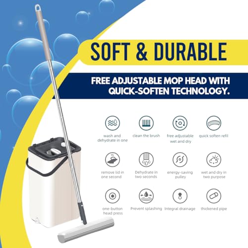 The Cleaning Magic Towel Mop and Bucket Set, 56-Inch Pole, Two Mop Head Refills, PVA Mop & Bucket Cleaning System - Hands Free Floor Mop and Bucket - Floor Mop for Laminate, Hardwood, Tiles