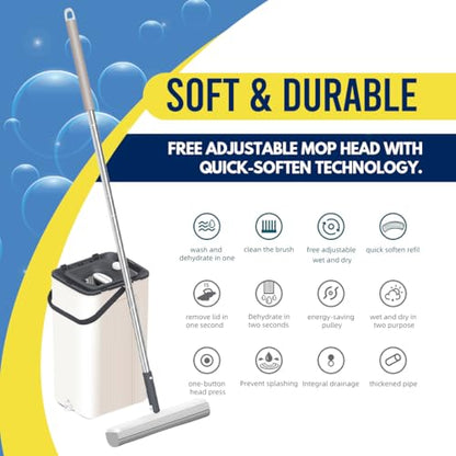 The Cleaning Magic Towel Mop and Bucket Set, 56-Inch Pole, Two Mop Head Refills, PVA Mop & Bucket Cleaning System - Hands Free Floor Mop and Bucket - Floor Mop for Laminate, Hardwood, Tiles