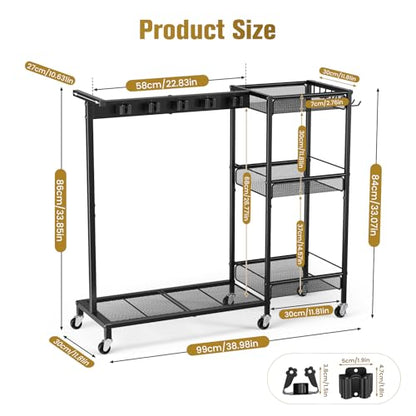 Broom Holder with Cleaning Supplies Organizer, Cleaning Utility Cart on Wheels, 10 Clips & 7 Hooks, 3-Tier Shelves, Broom Closet Storage Cabinet with Cleaning Caddy for Home Commercial Use