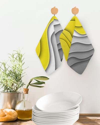 Geometric Dish Towels Set,Waffle Weave Kitchen Towels 2 Pieces,Microfiber Hair Face Bath Tea Towel Absorbent Quick Drying Cleaning Dish Cloths,Modern Ombre Yellow Grey Abstract Art White 12"x12" - color: Yellow, size: 2PCS,12"x12"