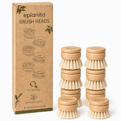 eplanita Replacement Brush Heads (Pack of 8) for Bamboo Dish Brush, Sisal Bristle Refills, Agave Cactus Fibres, Kitchen Eco Scrubber, Plastic Free Washing Up, Zero Waste Cleaning - size: pack of 8