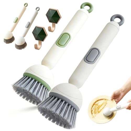 6-in-1 Rotatable Dish Brush with Detergent Dispenser, Dish Brush with Soap Dispenser for Pots Pans Dishes & Utensils 360° Rotating Adjustable Non-Slip Grip Handle Durable Pet Bristles (Green+Grey) - color: Green+grey