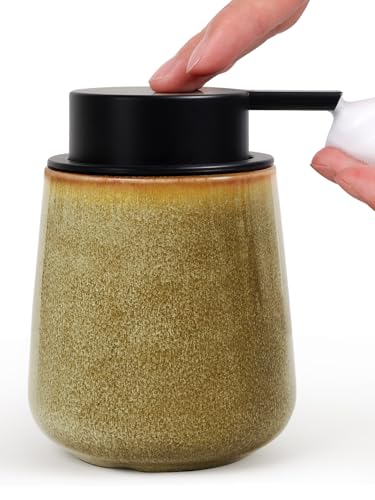 INGOFIN Ceramic Foaming Soap Dispenser - 12 oz Refillable Foam Hand Soap Dispenser Bathroom, Modern Dish Dispenser Pump for Kitchen,Kiln-Glazed Earthy Greenish-Brown - color: Kiln-glazed Greenish-brown-foam
