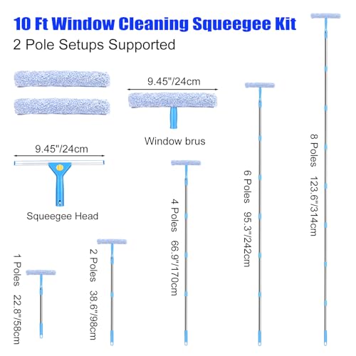 10 Feet Professional Squeegee Window Cleaner Tool with Extension Pole | Car Windshield Cleaning Kit with Long Handle, Queegee & Scrubber, Window Washing Equipment for Indoor Outdoor Windows & Glass