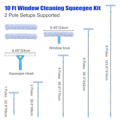 10 Feet Professional Squeegee Window Cleaner Tool with Extension Pole | Car Windshield Cleaning Kit with Long Handle, Queegee & Scrubber, Window Washing Equipment for Indoor Outdoor Windows & Glass