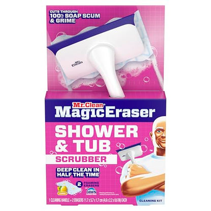 Mr. Clean Magic Eraser Shower & Tub Scrubber, Bathroom Cleaner, All in One Bathroom Cleaner, Lemon Starter Kit, 2 Scrubber, 5 Foaming Magic Erasers, 1 Whole Home Extra Durable Magic Eraser - size: 2 Devices + 6 Refills