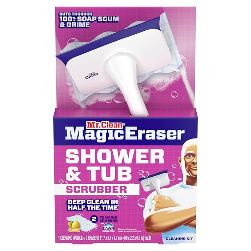 Mr. Clean Magic Eraser Shower & Tub Scrubber, Bathroom Cleaner, All in One Bathroom Cleaner, Lemon Starter Kit, 1 Scrubber & 2 Foaming Magic Erasers - size: 1 Device + 2 Refills