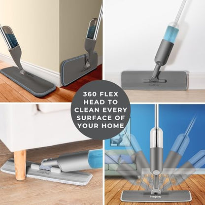 True & Tidy® SPRAY-250 Multi-Surface Spray Mop with Refillable Water Bottle for Floor Cleaning, Works on Wood, Tile, Marble etc, Use Any Cleaning Solution, Machine Washable Microfiber Mop Pads, Gray