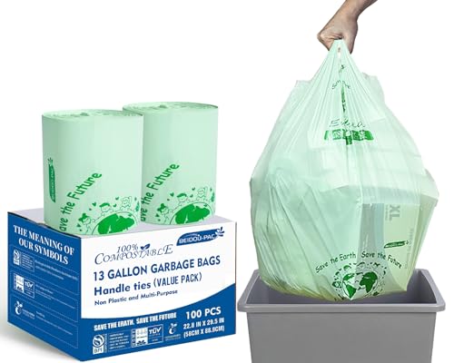 BEIDOU-PAC Compostable 13 Gallon Trash Bags, Tall Kitchen Garbage Bags with Handle, Sturdy Compost Bags, 100 Count, US BPI Certified - style: Handle | 13 Gallon | 100 Count