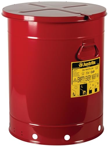 Justrite 21 Gallon Galvanized Steel Oily Waste Can, 23.5" x 18" Metal Oil Rag Safety Can with Hand Operated Self-Closing Lid for Oil Rag Disposal, Made in The USA, Red, 09710 - color: Red, size: 21 Gallon, style: Hand-Operated Lid