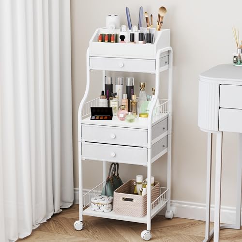 HapiRm Floor Makeup Organizer Storage - Vanity Skincare Make Up Organizers and Storage with Drawers, Cosmetics Display Cases Holder for Skin Care Nail Polish Perfume Makeup Brush - color: White